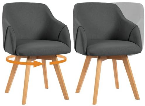 Bekrvio Lot de 2 chaises pivotantes 360° avec accoudoirs, tissu revêtement, bois pieds, design mi-siècle, chaises de cuisine confortables, gris