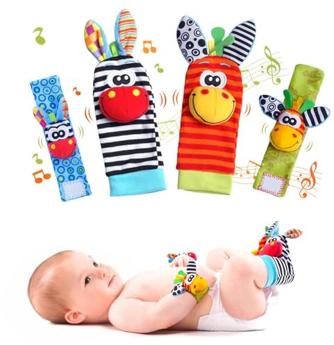 4Pcs Calzini Sonaglio Neonato con Animaletti per Sviluppo Sensoriale - Giocattolo Educativo per Bambini 0-6 Mesi con Campanelli Integrati