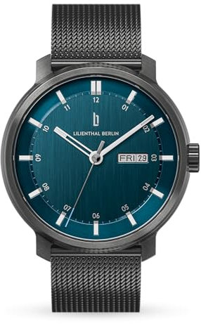 Lilienthal Berlin Neolux Day Date Automatik Uhr Dark Silver Blue – hochwertige Herrenuhr am anthraziten Mesh-Armband aus Chirurgenstahl mit Automatikwerk & saphirgehärtetem Mineralglas – 42mm