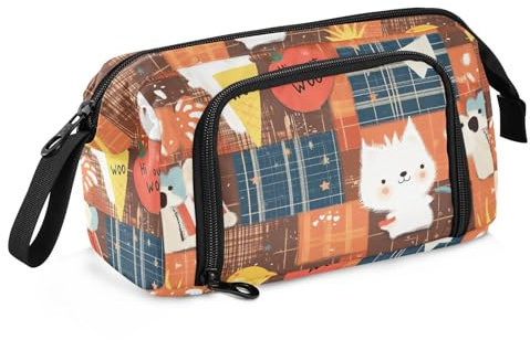Doodle Cartoon Plaid Cute Pen Case Large Capacity Preppy Pencil Case with Handle Pencil Cases for School for Man Travel