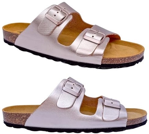 GONKOS®, Sandali Uomo Donna in Pelle, Vera Pelle, Sughero Naturale, Sandali Donna Estive Ciabatte Donne Uomo, qualità Made in Spain, Colore Rosa Metallizzato 42