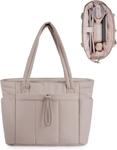 Puffer Tote Bag for Women with Stanley Cup Water Bottle Pocket, Laptop Compartment & Trolley Sleeve, Lightweight Quilted Carry-On for Work, Travel, College, Nurse Use (Beige)