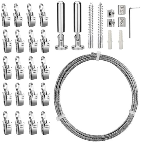 5M Wandhalterung Set mit 20 Metall Clips, Edelstahl Vorhangdraht, Vorhang Draht Seilspanngarnitur, Schwerlast Gardinenseil für Wäscheleine,Spanndraht, Foto-Draht, Fenster,Duschvorhänge,Innendekoration