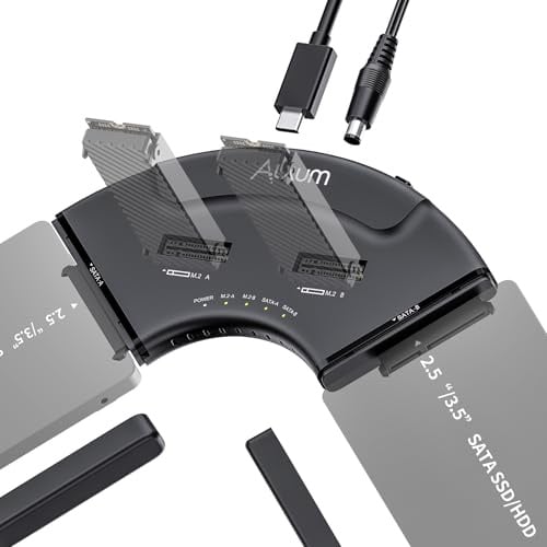 Alxum USB C to Dual M.2 NVMe & Dual SATA Adapter with S.M.A.R.T Monitoring | 4-Bay Simultaneous,Transfer 10Gbps USB 3.2 Gen 2 SSD Reader,Tool-Free,Plug and Play for Creative Pros/Remote Workers