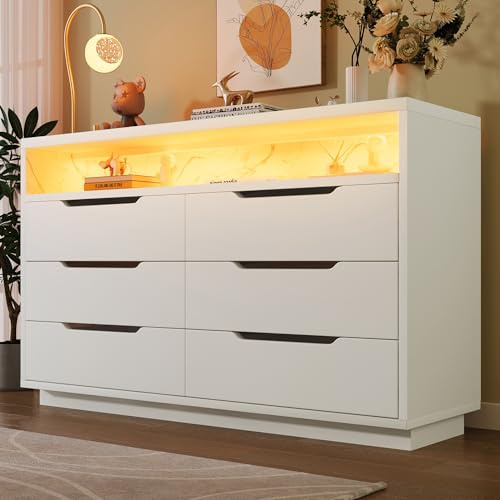 BTM Buffet, Commode avec éclairage LED et 6 tiroirs, Compartiment de Rangement avec Grain de marbre, Meuble Moderne pour Salon et Chambre, 120x40x85cm, Blanc