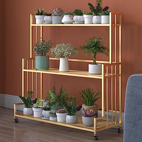 sdneNest Soporte para plantas de interior y exterior, carrito de flores de metal, estante de almacenamiento, organizador de plantas para interiores y exteriores, múltiples macetas, dorado, 70 x 35 x