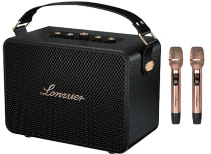 Tragbare Karaoke-Mikrofonanlage mit 2 kabellosen Mikrofons, 18000mAh Akku, 120W Bass, Retro-Design, Bluetooth 5.3, AUX/Gitarreneingang – Professioneller Party-Lautsprecher für Erwachsene (Schwarz)