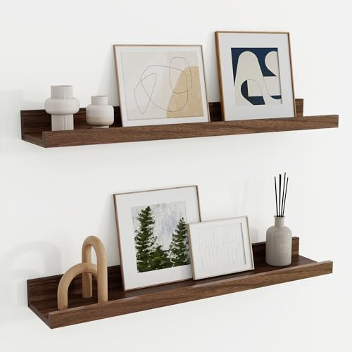 Feihorrm Wandregal Holz 60 cm, Regal Wand Walnuss Bilderleiste für Bilderrahmen und Bücher 2er Set, Schweberegal aus MDF Holz, Regalbrett Wandboard für Küche, Wohnzimmer, Schlafzimmer & Arbeitszimmer