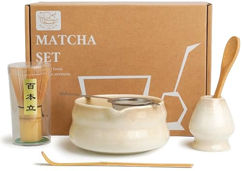 HEI MING Premium Matcha set med 6 delar – exklusivt matcha-teset med bambuträst (kvast), beige keramikskål, sil, sked och tillbehör, originalgåva till Matcha