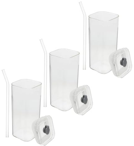 ROMISBABA 3 Sätze Quadratische Trinkgläser aus Klarem Glas mit Fassungsvermögen Inklusive Deckel und Strohhalm Auslaufsicher Vielseitig für Milch Kaffee Saft für Büro Outdoor und Alltag
