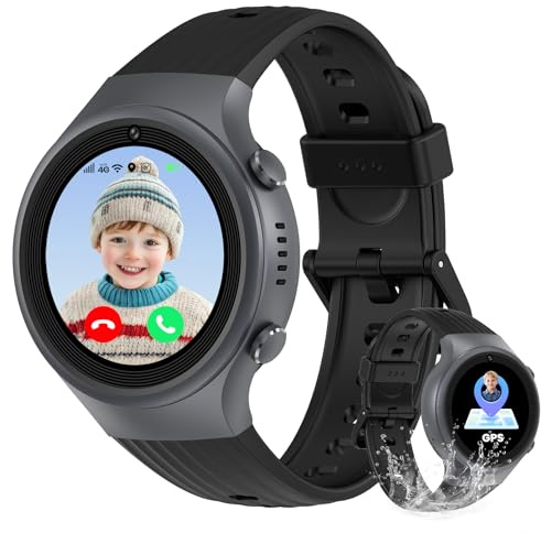 Smartwatch Kinder - 4G Smartwatch mit Telefonfunktion, GPS-Ortung, Videoanrufen, Chat,WIF, Fotoaufnahme, Wecker, SOS-Notruf und Schrittzähler, geeignet für Kinder im Alter von 4-12 Jahren (Schwarz)