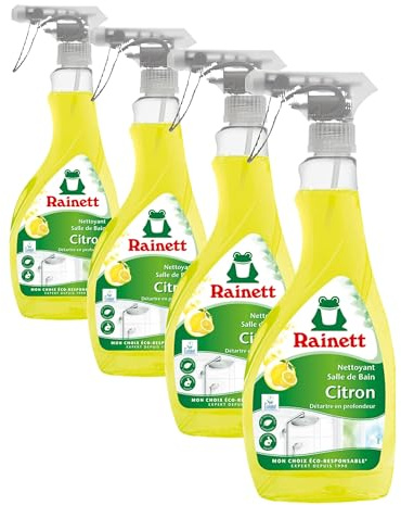 RAINETT - Spray Nettoyant Spécial Salle de Bain - Élimine Les Traces - Haute Efficacité Anti-Calcaire - Spray Eco-Conçu - Flacon 100% Recyclé & Recyclable - Ecolabel - Citron - 500 ml (Lot de 4)
