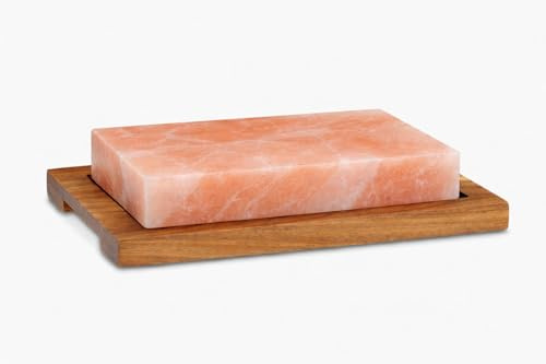 SLATEEX® Salzstein Grillstein 20 × 10 × 5 cm mit Holzbrett – Natürlicher Salzstein zum Grillen, Garen & Servieren von Fisch, Fleisch & Gemüse