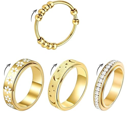 DASHUI 4 Stück Anti Stress Ring, Anxiety Ring, Fidget Ring Damen, Anti-Angst Spinner Ringe, Edelstahl – Wasserfeste Ringe Gold