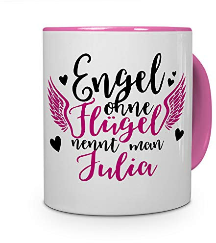 printplanet Tasse mit Namen Julia - Motiv Engel - Namenstasse, Kaffeebecher, Mug, Becher, Kaffeetasse - Farbe Rosa
