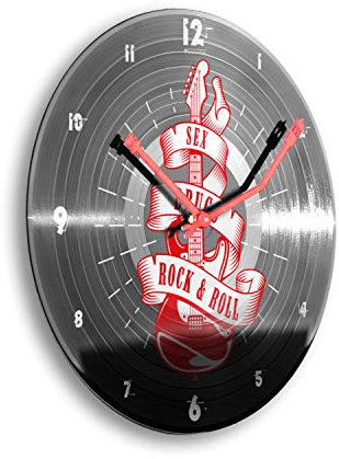 Kreative Feder Sex Drugs Rock'n'Roll rot Schallplatten-Uhr Retro Vinyl Designer Funk Wanduhr leise Funkuhr ohne Ticken 30cm WSP009FL (leises Funkuhrwerk)
