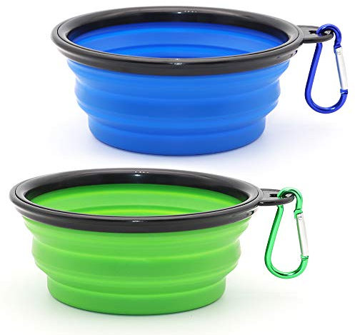 SLSON 2 Pièces Boles à chienes Pliant Bols en Silicone Pliable pour Chiens,Gamelles de Voyage pour Chienes et Chat Boles de Voyage Pliables en Silicone pour Chienes (Bleu et Vert, Petit)