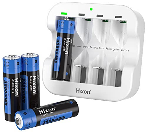 Hixon Akku AA Wiederaufladbare Lithium Batterien 1,5V 3500 mWh für Xbox Controller Spielzeug Fernbedienung, Set mit 4 Batterien und Schnellladegerät