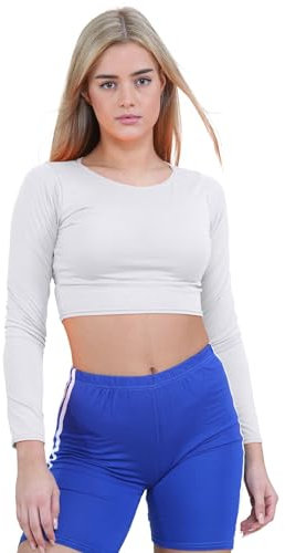 janisramone® Womens Crew Neck Crop Top, Long Sleeve Stretchy Summer Tops for Women UK, Plain Slim Fit Cropped Top, Ideal Casual Wear and Going Out Tops White
