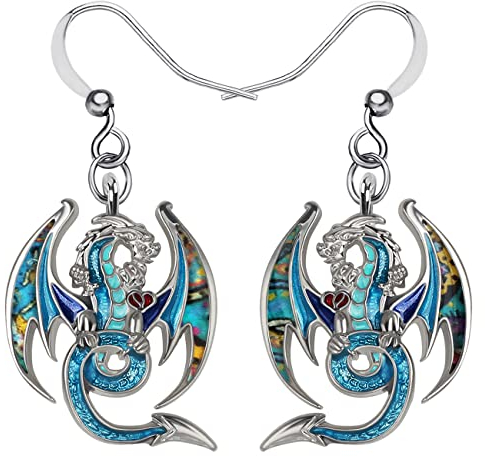 Alliage d'émail Dinosaure fantaisie Boucles d'oreilles Dragon Boucles d'oreilles en forme de pendentif pour femmes et filles (Bleu)