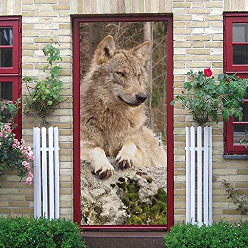 MUCXBE 3D Türaufkleber Wohnzimmer Schlafzimmer Badezimmer Waldtier Wolf Türtapete Türposter 90x200cm Wandbilder Selbstklebend Tür Poster Vinyl Entfernbar Mauer Aufkleber Zuhause Dekor