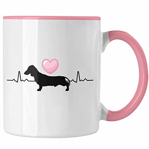 Trendation - Dackel Tasse Geschenke Dachshund Rauhaardackel Lustig Herzschlag (Rosa)
