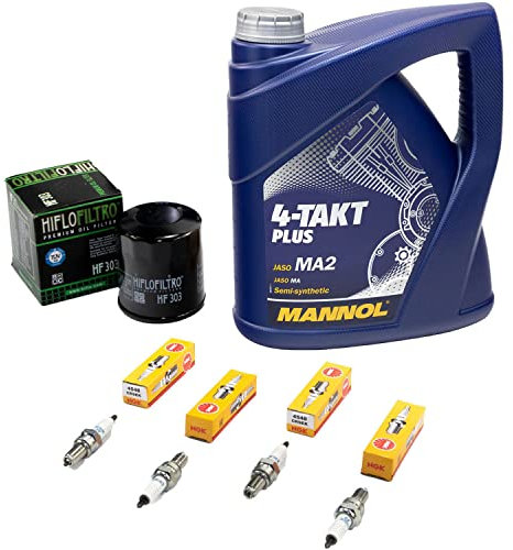 Wartungspaket Öl 4L + Ölfilter + Zündkerzen für Yamaha YZF-R1 1000 RN12 Baujahr 2004-2006