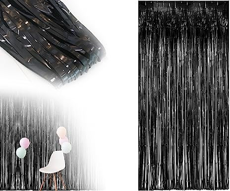 KAPSING 2 Stück Lametta Vorhänge Schwarz, Halloween Party Vorhang, Folienfransen Lametta Vorhänge Hintergrund für Geburtstagsdeko, Foto Hintergrund Luftschlangen Deko