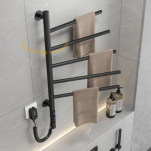 LCD Touch Scaldasalviette Elettrico Programmabile 4 Modalità Intelligenti,Ruota di 180° Scaldasalviette Termoarredo Bagno, Tempistiche 1-9 Ore,Regolazione Della Temperatura 30-70°, 85W,420x660mm,Nero
