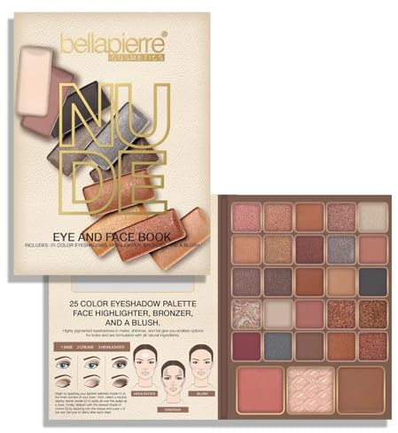 bellapierre Nude Face & Eye Book Palette | 25 Lidschattentöne mit Rouge, Bronzer und Highlighter | Ungiftig und parabenfrei | Vegan und tierversuchsfrei