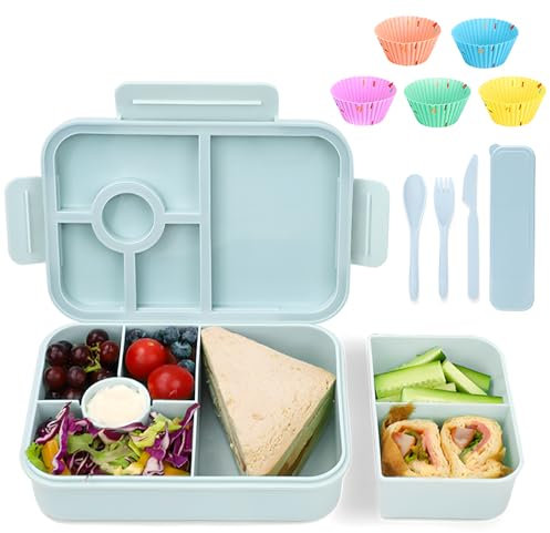 Bugucat Brotdose Kinder mit Fächern 1300ML 6PCS, Lunchbox Kinder Auslaufsicher mit 4 Fächern, Bento Box Lunch Box mit Fächern für Kinder Erwachsene, Frühstücksbox Vesperdose für Jungen&Mädchen Blau