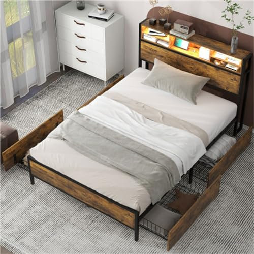 Funktionsbett mit USB-Ladefunktion und LED-Beleuchtung Braunes Metallbett mit verstaubarem Kopfteil und Vier Schubladen Lattenrost aus Metall für Erwachsene und Teenager (140 * 200cm)