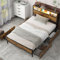 Funktionsbett mit USB-Ladefunktion und LED-Beleuchtung Braunes Metallbett mit verstaubarem Kopfteil und Vier Schubladen Lattenrost aus Metall für Erwachsene und Teenager (140 * 200cm)