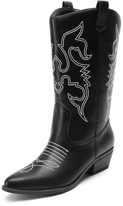 DREAM PAIRS Bekväma vinterstövlar i western-stil för kvinnor, vattentäta halvhöga cowboystövlar för damer, vackra och eleganta fest- och utklädningsstövlar, Svart Pu, 38 EU