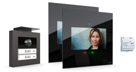 m-e Video-Türsprechanlage RFID anthrazit/schwarz | Aluminium Außenstation für 2-Familienhaus | 7“ Design-Innenstation flach | Türklingel mit Kamera | Freisprechanlage Video Zweifamilienhaus 4-Draht