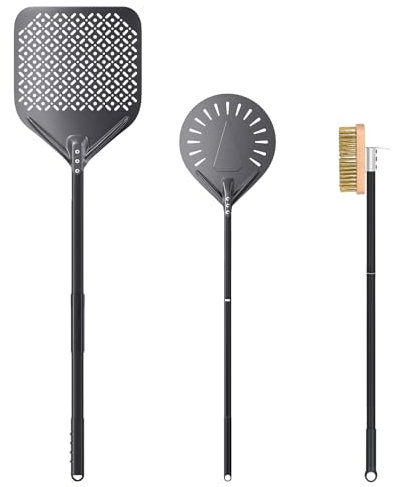 3 Piece Pizza Oven Kit Turning Peel 9 Inch, 12x14 Aluminum Perforated Pizza Peel, Commercial Oven Brush Accessoires for Home, Restaurant