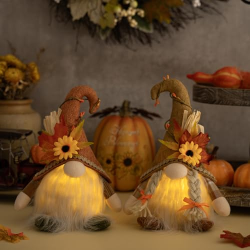 2 Stück Herbst Wichtel Mit Ahornblatt Sonnenblumen Deko, Plüsch Figuren für Erntedankfest Weihnachten Party Dekoration