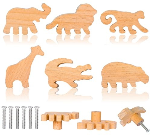 Whaline 6 Pcs Safari Animal Wooden Knobs with Screws Cute Jungle Animal Shaped Drawer Pulls Natural Wood Furniture Knobs for Nursery Room Dresser Cabinet Decor
