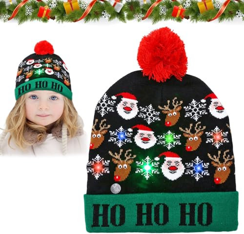 Weihnachten Mütze mit LED Licht, Leuchten Hut Mütze Stricken, Weihnachtsmütze Kinder Bunt Weihnachtsmützen Plüsch, Weihnachten Beanie Mütze, Warme Neuheit Weihnachten Hut für Kinder Erwachsene