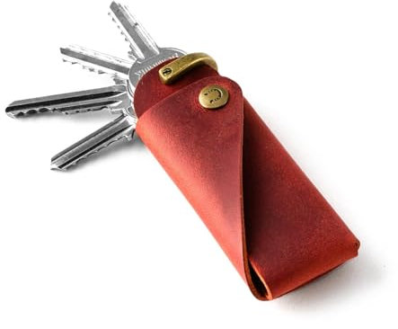Crazy Horse Craft, Minimaler Schlüsselanhänger Leder, Schlüsselringe, Schlüsseletui, Schlüssel Organizer, Rot, Small Key Holder, Keychain, Keyring Fob Gift