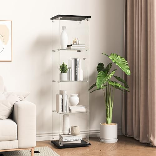 Glasvitrinskåp, stående vitrinskåp, 4 lager glas trä vitrinskåp, 1 dörr med lås, glasvitrinskåp stående för vardagsrum sovrum kontor svart stående hylla av glas