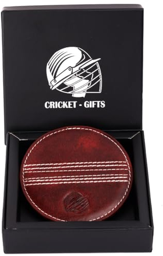CRICKET-GIFTS - Buffalo Leather Coaster | White Cricket Ball Stitching | Durable and Elegant Design | Ideal for Dining and Coffee Tables | Cricket Ball Coaster, Red, One Size