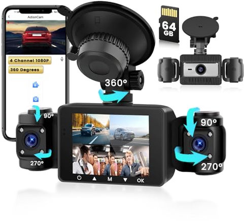 Inefala 4 Canali Dash Cam 360 Gradi Tutto Intorno 1080P Telecamera Auto con Scheda 64 GB, G-Sensor, WDR, Visione Notturna, Monitor di Parcheggio, Registrazione in Loop