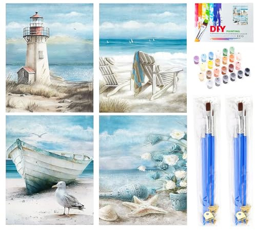 SASMOIYUG Malen nach Zahlen Erwachsene 4er Set Küstenmotive,DIY Malset mit Acrylfarben und 2 Pinselsets, Paint by Numbers für Anfänger,Kreative Geschenkidee für Erwachsene Ohne Rahmen 25 X 30 CM