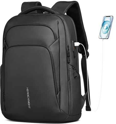 HEROIC KNIGHT Mochila Hombre para Portatil Ordenador 17,3 Pulgadas con USB-C y USB-A Gran Capacidad 24-28L Resistante al Agua, Antirrobo, Ligera para Oficina Trabajo Universidad Diario y Viaje-Negro