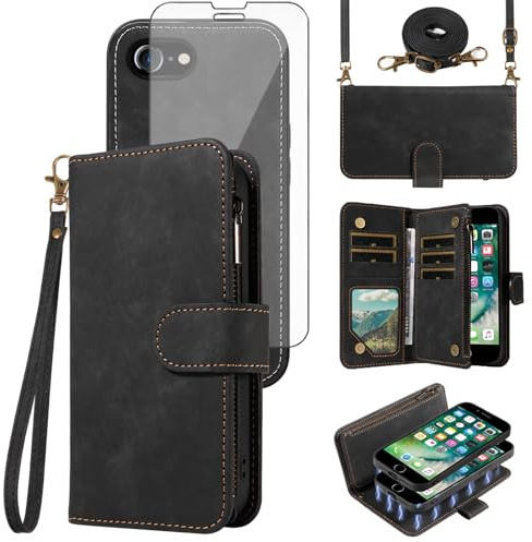 Phone Case for iPhone 7/8/SE 2020/2022 Zipper Wallet Cell Cover with Screen Protector Crossbody Lanyard Strap Card Holder iPhone7 iPhone8 7s 8s i SE2020 SE2022 2/2nd/3/3rd Generation Women Girls Black