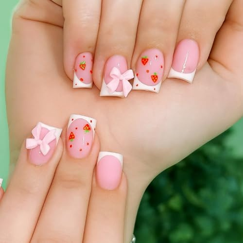 24Pcs Strawberry Press on Nails with Pink Bow - Square French Cute Tips for Women Daily Party Wear Sweet Pink False Nails with Fruit Design Elegant Set for Wedding Birthday