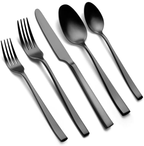 60-teiliges Besteck Schwarz Matt, EIUBUIE Edelstahl Besteckset 12 Personen | Einzigartigen Griffen, modernes schwarzes Besteck Set, Messer Gabel Löffel, Essbesteck matt gebürstet, premium Tafelbesteck