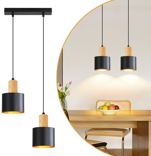Lichtmaler Pendelleuchte Esstisch E27 Hängelampe Vintage Küchenlampe | Hängend 2 Flammig Esszimmerlampe Schwarz Holzfarbe Hängeleuchte Höhenverstellbar Kücheninsel Essbereich Ohne Leuchtmittel