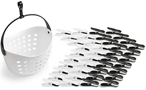 culiclean Pince a Linge Soft Clips – Panier Epingle a Linge – Fabriqué en France – Blanc-Noir avec Panier Blanc – Lot de 40 Pinces + 1 Panier